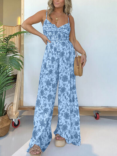 Full Size Printed Spaghetti Strap Wide Leg Jumpsuit - Trendy & Chic Blue
