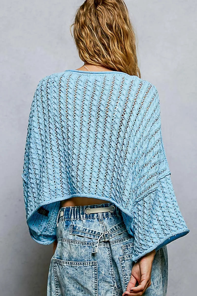 POL Cable-Knit Openwork Cropped Round-Neck Sweater