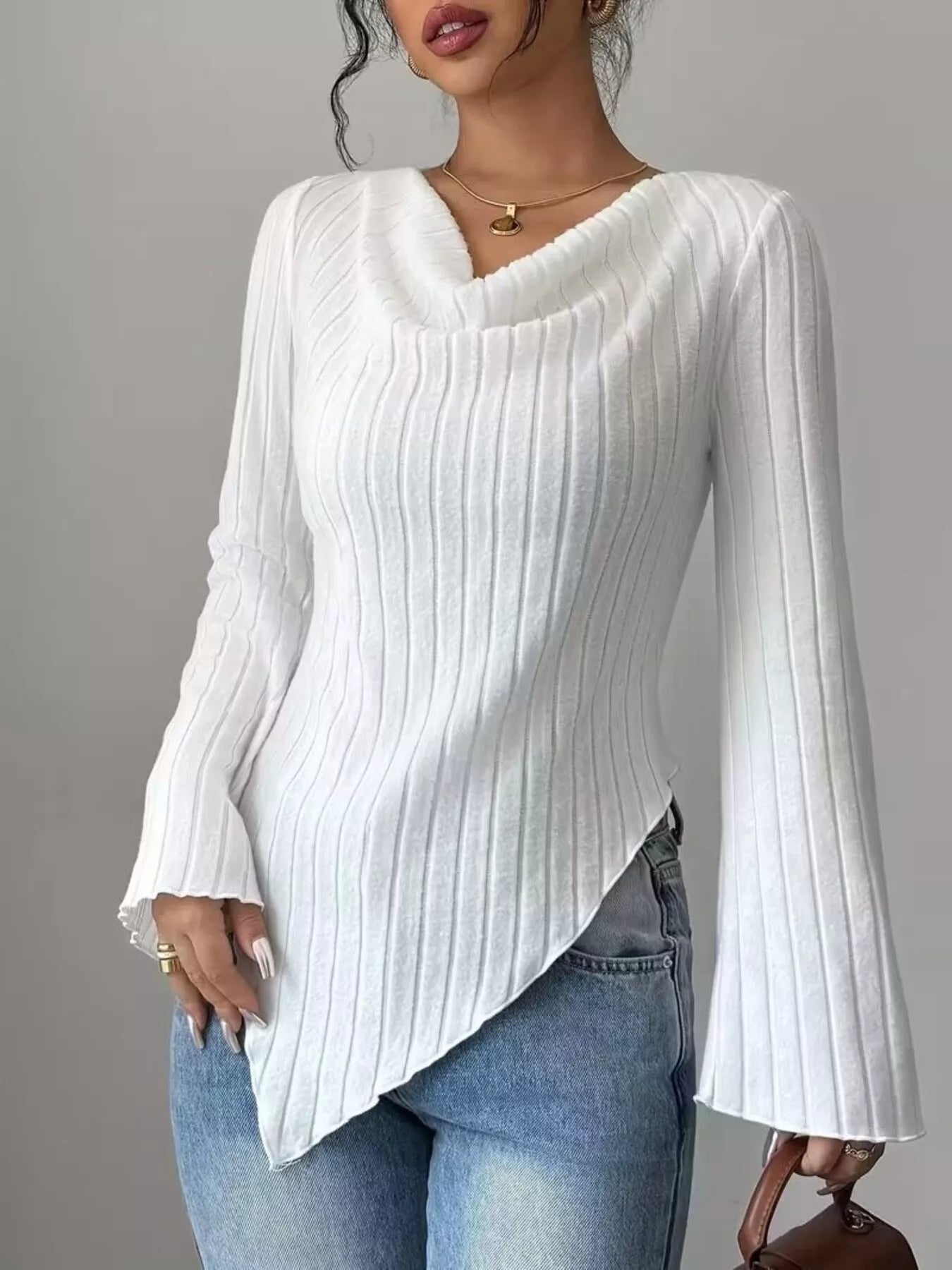 Asymmetrical Cowl-Neck Ribbed Knit Top White
