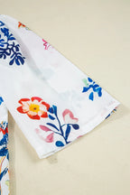 Boho Printed Tie Neck 3/4 Sleeve Blouse with Tassels