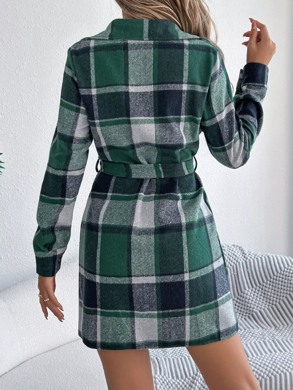 Plaid Button-Front Tie Waist Shirt Dress