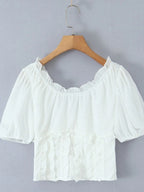 FlairBelle Frill V-Neck Mesh Puff Sleeve Blouse