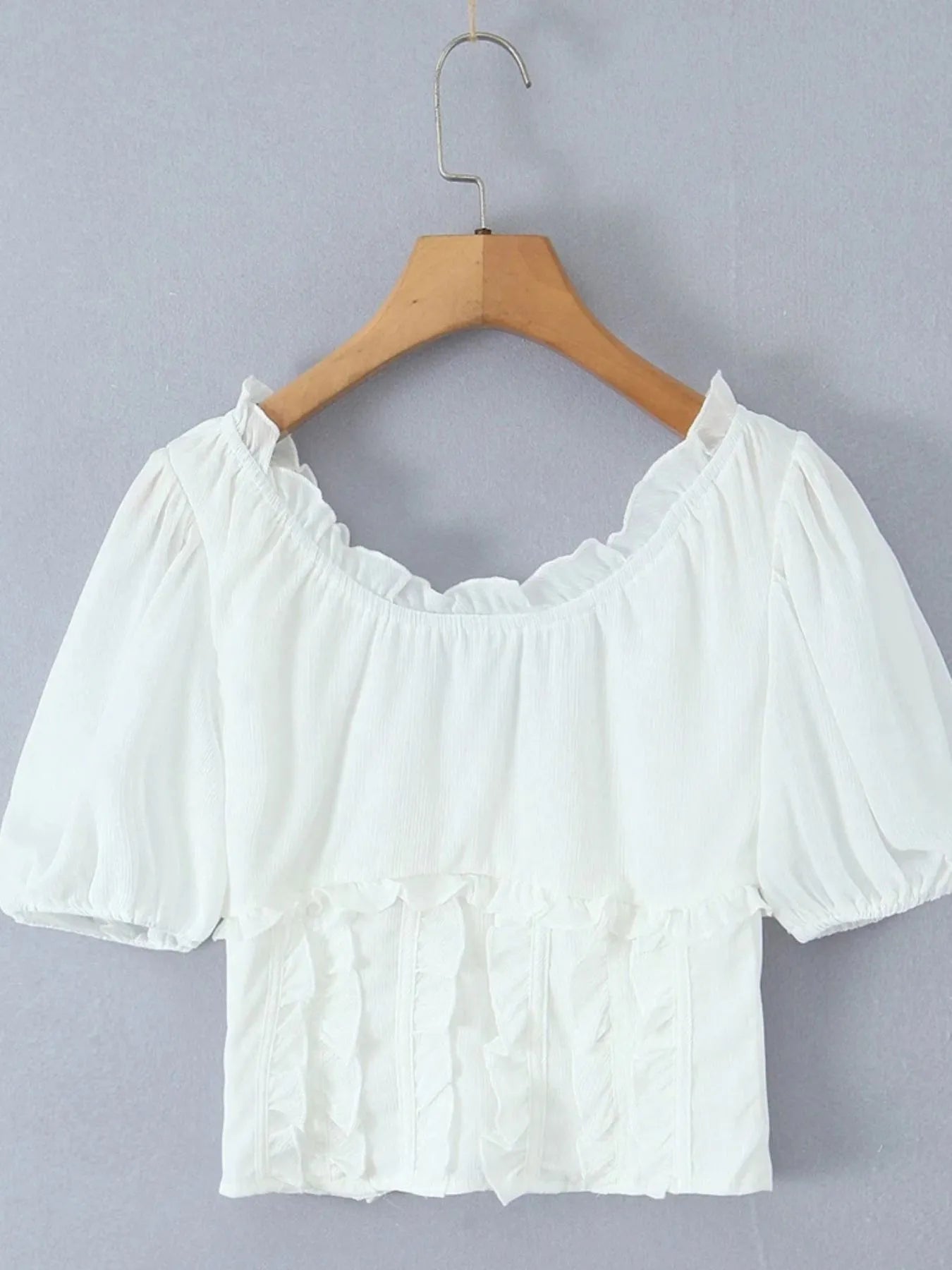 FlairBelle Frill V-Neck Mesh Puff Sleeve Blouse