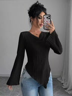 Asymmetrical Cowl-Neck Ribbed Knit Top