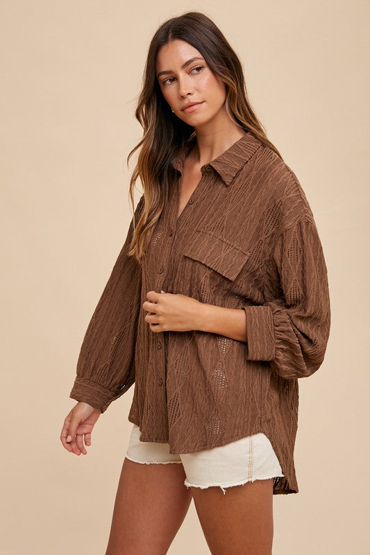 AnnieWear Openwork Button-Down Drop Shoulder Shirt