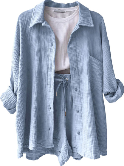 Chic Textured Button-Up Shirt & Shorts Two-Piece Set Light Blue