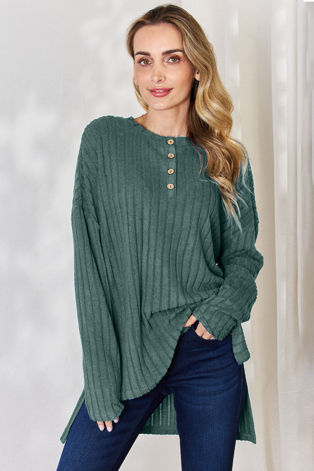 Basic Bae Ribbed Half Button Long Sleeve High-Low T-Shirt Army Green