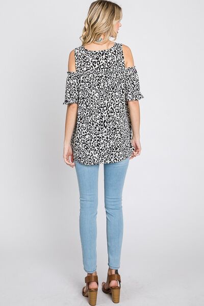 Heimish Full Size Leopard Print Cold Shoulder T-Shirt