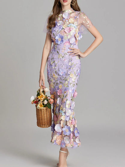 Embroidered Mesh Overlay Maxi Dress – Lined Evening Wear with Zipper Closure
