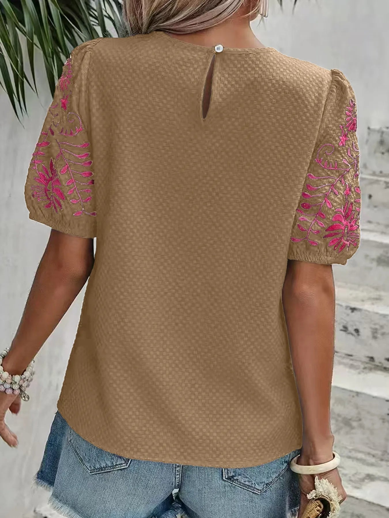 Textured Blouse with Embroidered Floral Sleeves