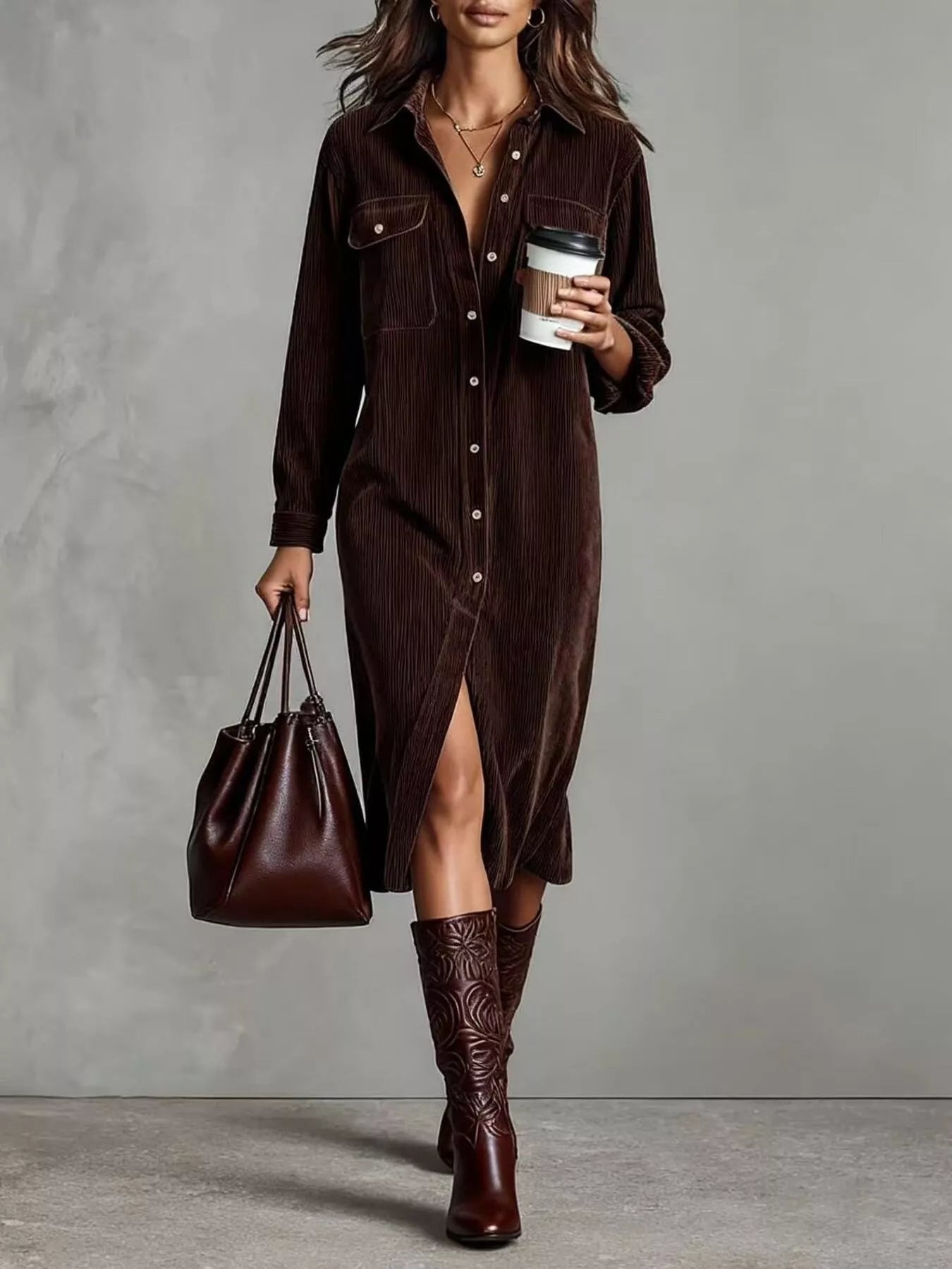 Corduroy Button-Front Pocketed Midi Dress Chocolate