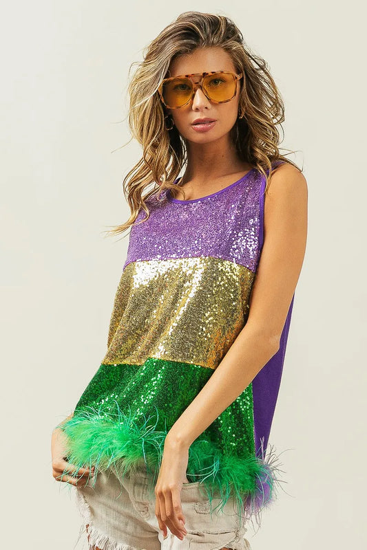 BiBi Mardi Gras Color Block Sequin Top with Faux Feather Hem Multicolor