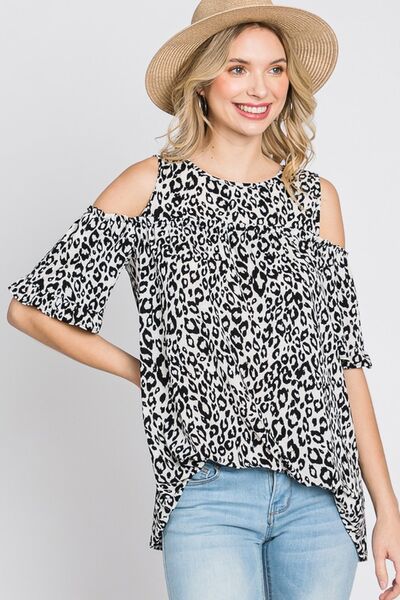 Heimish Full Size Leopard Print Cold Shoulder T-Shirt