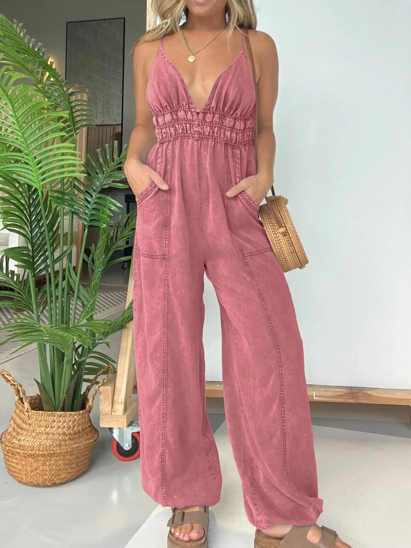Full Size Wide-Leg Spaghetti Strap Jumpsuit – Plus Size Pink Purple