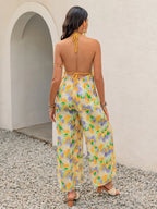 Openwork Halter-Neck Floral Wide-Leg Jumpsuit