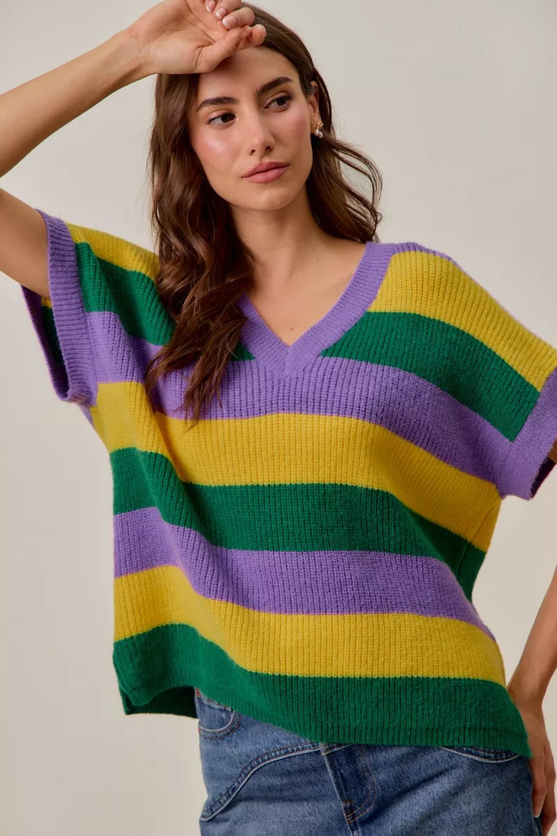 SO ME Mardi Gras Loose-Fit V-Neck Striped Sweater Top