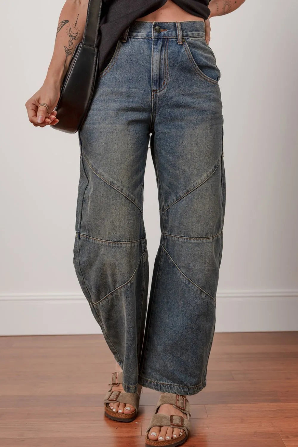 Exposed Stitching High Waist Straight Leg Jeans Dark Navy