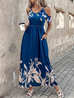 Printed Cold Shoulder Pocket Maxi Dress