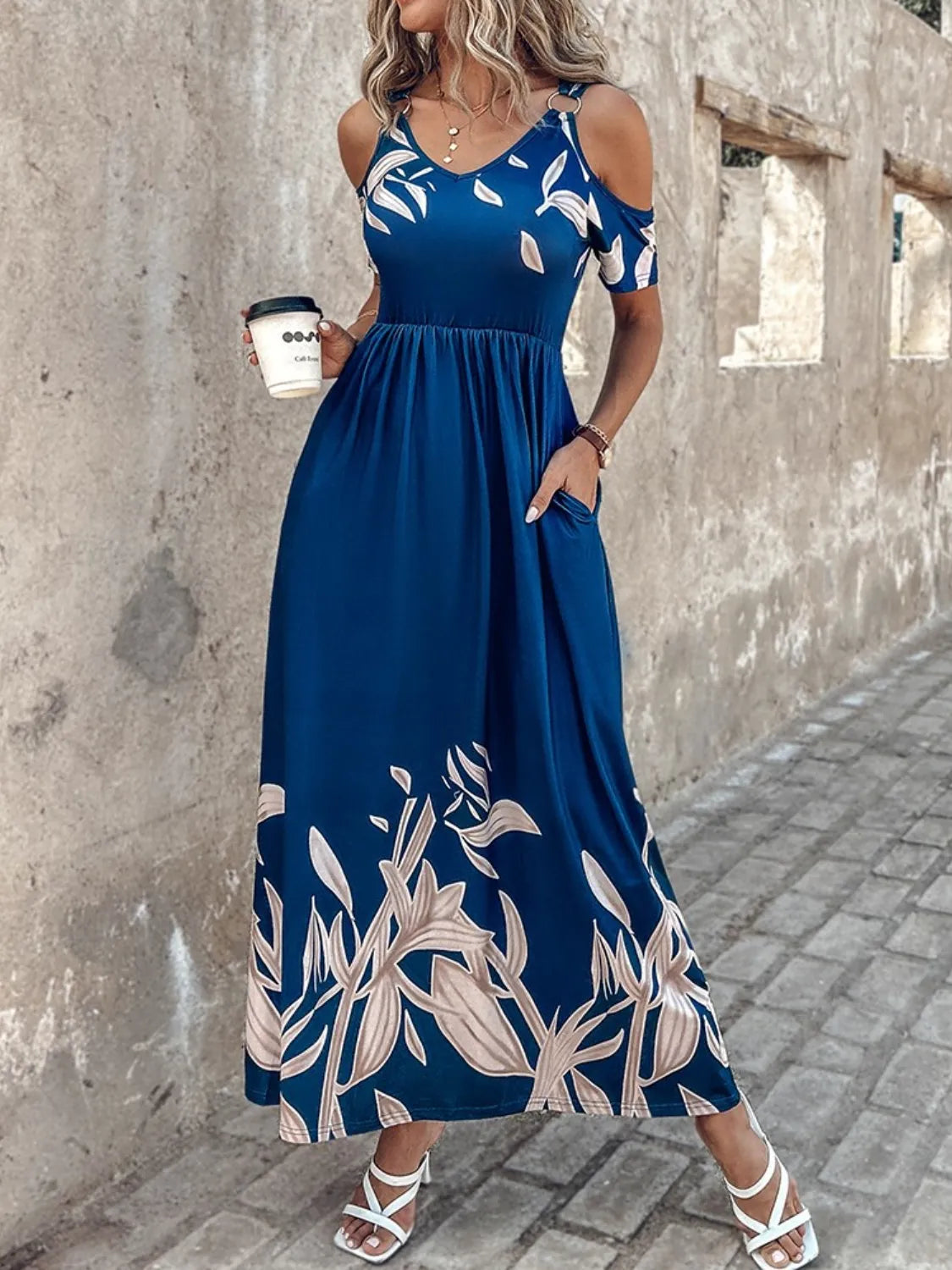 Printed Cold Shoulder Pocket Maxi Dress