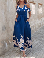 Printed Cold Shoulder Pocket Maxi Dress Peacock Blue