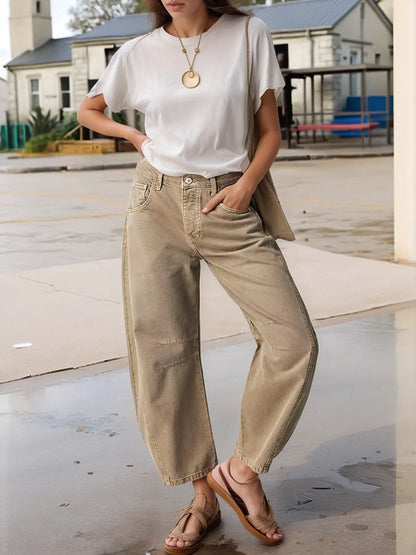 Wide Leg Relaxed Fit Jeans â€“ High Comfort Cotton Blend Denim Light Khaki