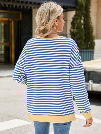 Chic Striped Slit Detail Long Sleeve Sweatshirt