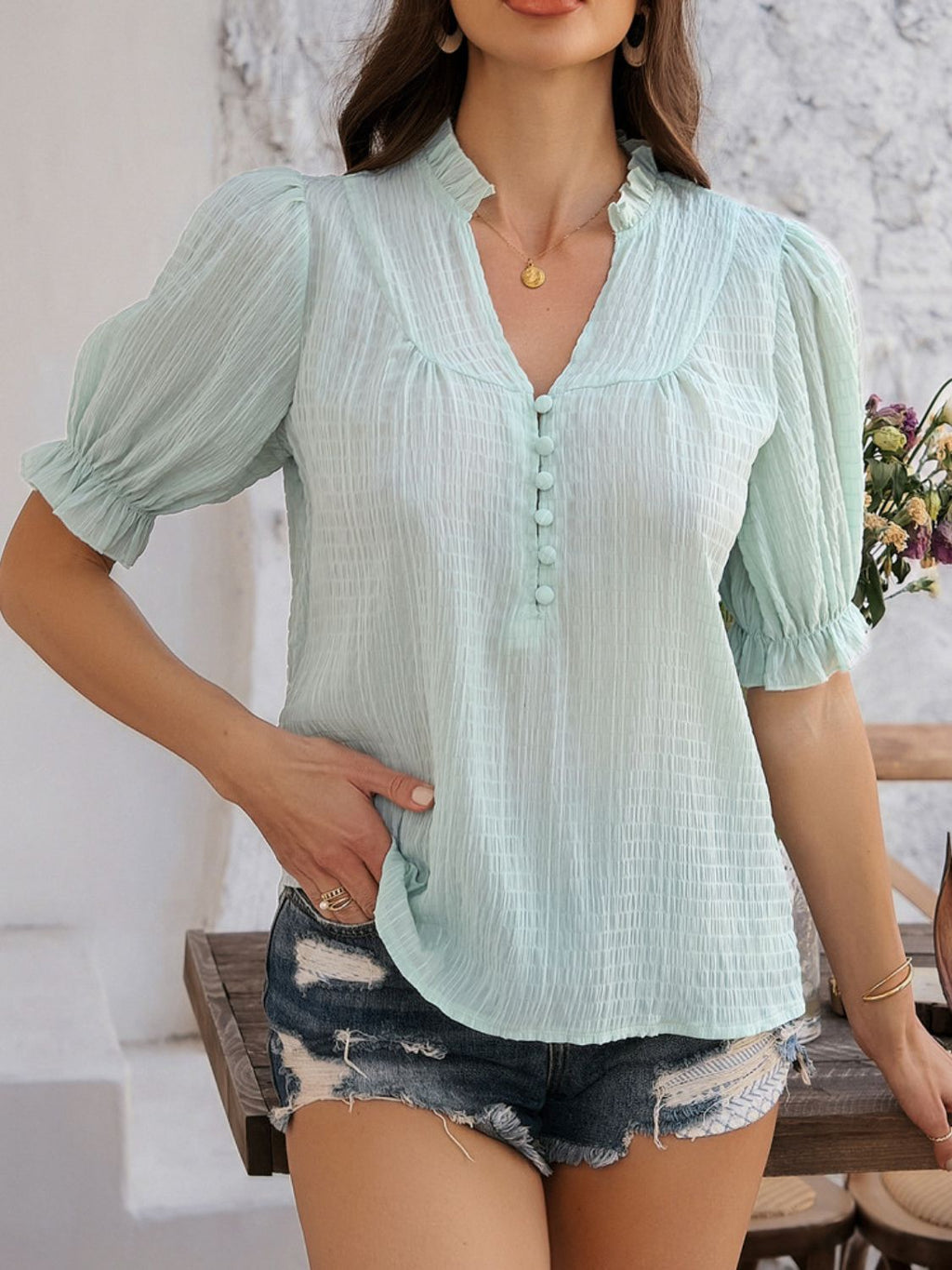 Devine Frill Notched Short Sleeve Blouse - Elegant & Chic