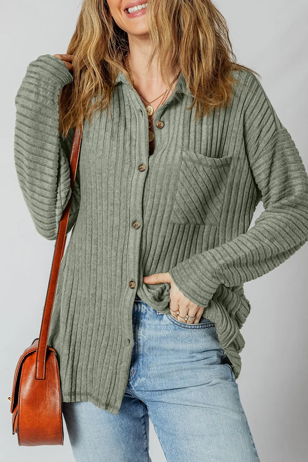 Ribbed Knit Button-Up Cardigan with Pockets Cozy Everyday Layer Sage