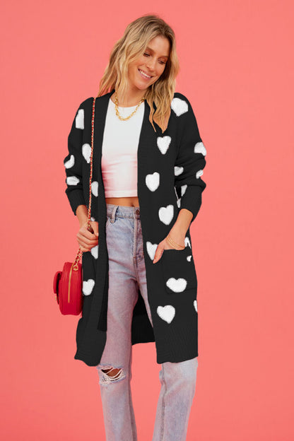 Heart Graphic Open Front Cardigan with Pockets Black