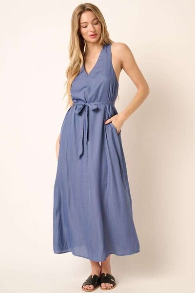 Mittoshop Cross Back Belted V-Neck Tank Maxi Dress Dusty Blue