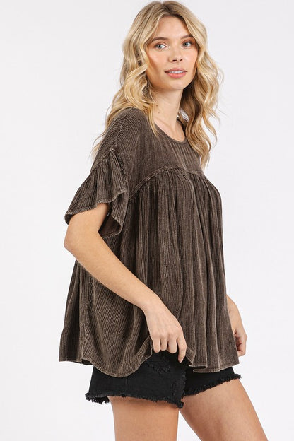 Mineral Washed Round Neck Ruffle Sleeve Blouse