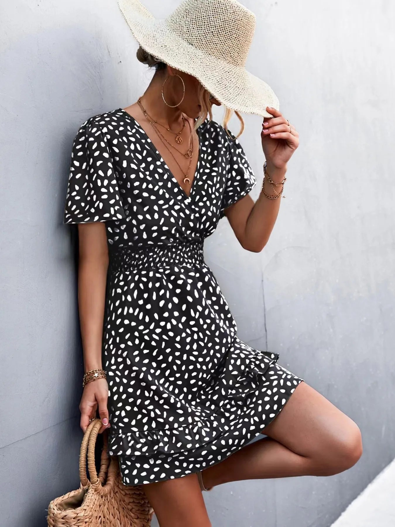 V-Neck Flutter Sleeve Mini Dress Black