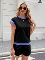 Contrast Round Neck Top and Shorts Set - Stylish & Comfortable