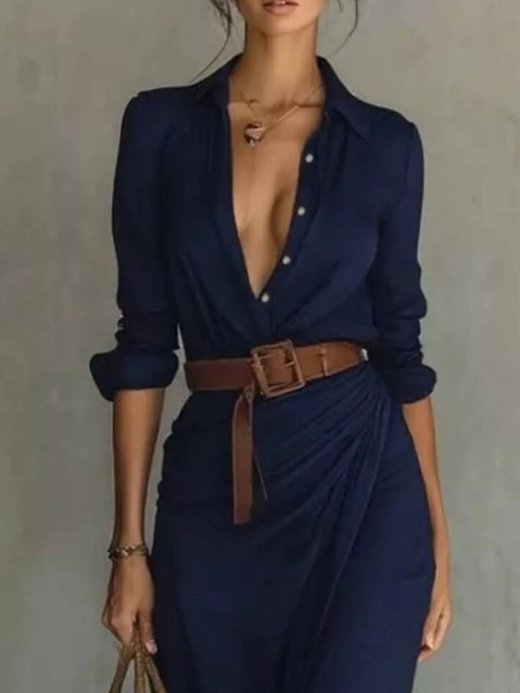 Ruched Button-Front Long Sleeve Maxi Dress (Plus Size)