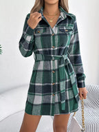 Plaid Button-Front Tie Waist Shirt Dress