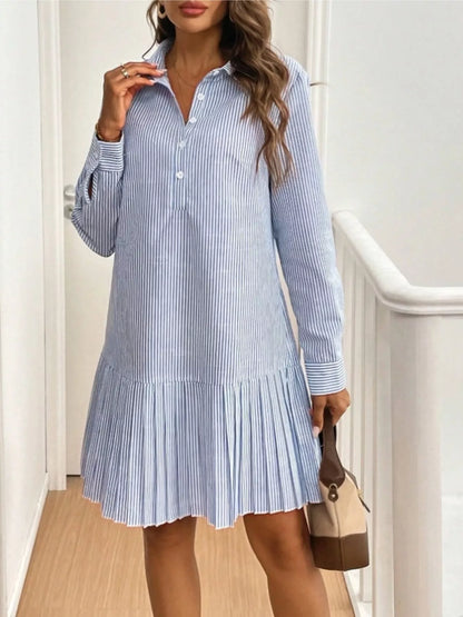 Classic Striped Pleated Hem Button-Up Shirt Dress