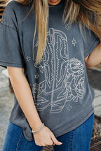 Western Cowboy Boots Graphic Cotton T-Shirt Gray