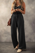 Knotted Straps Button Textured Drawstring Jumpsuit Black