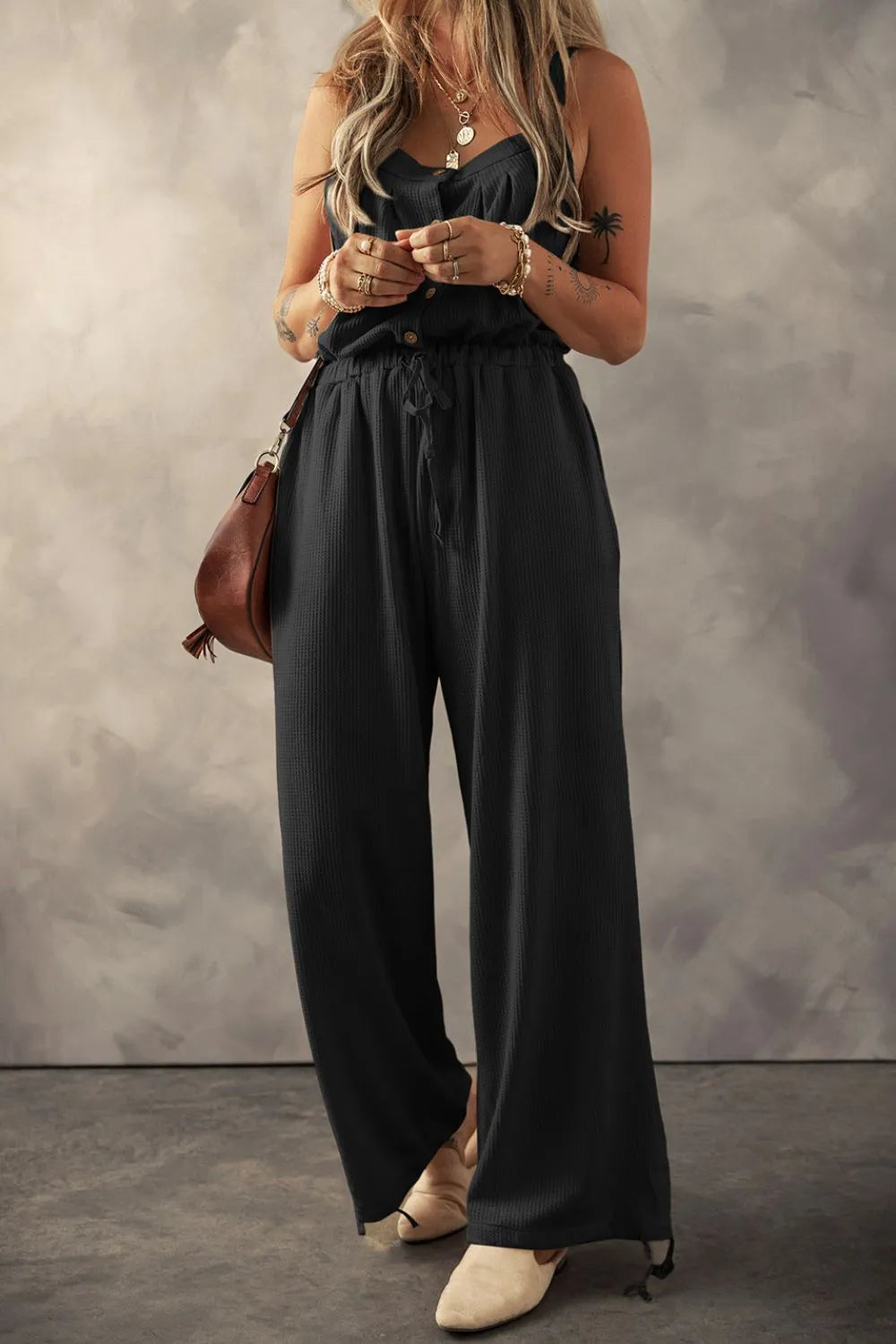 Knotted Straps Button Textured Drawstring Jumpsuit Black