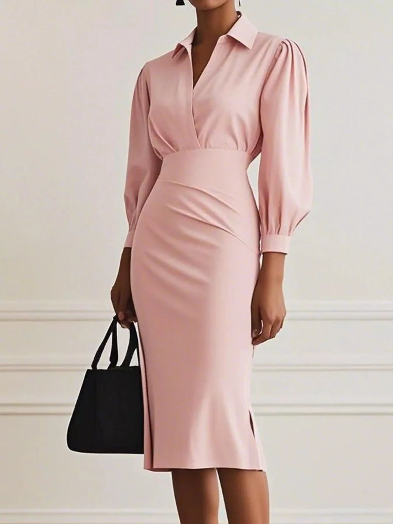 Elegant Ruched Midi Shirt Dress with Chic Side Slit Pink