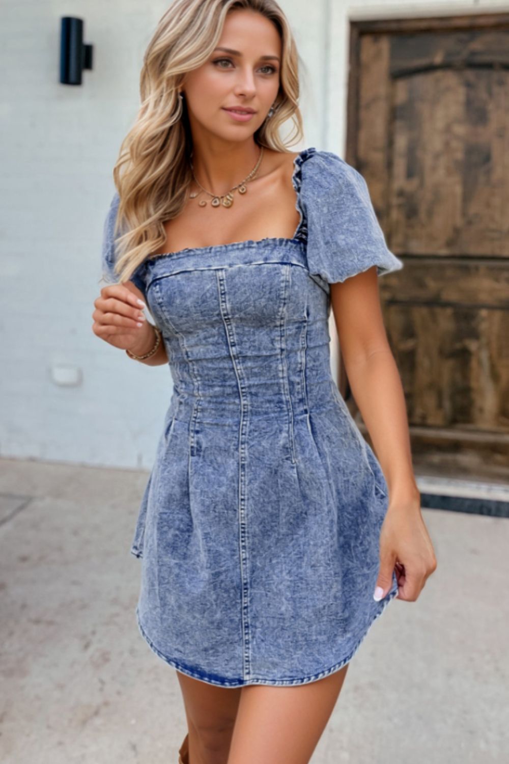 Tie-Back Square Neck Puff Sleeve Denim Dress - Trendy & Chic Medium Blue