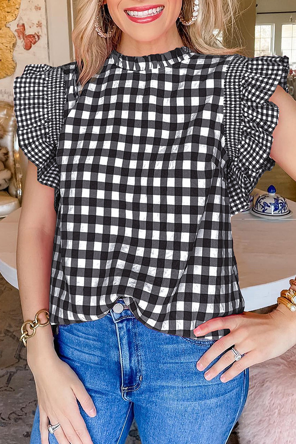 Checkered Ruffled Sleeve Frilled Neck Blouse Black