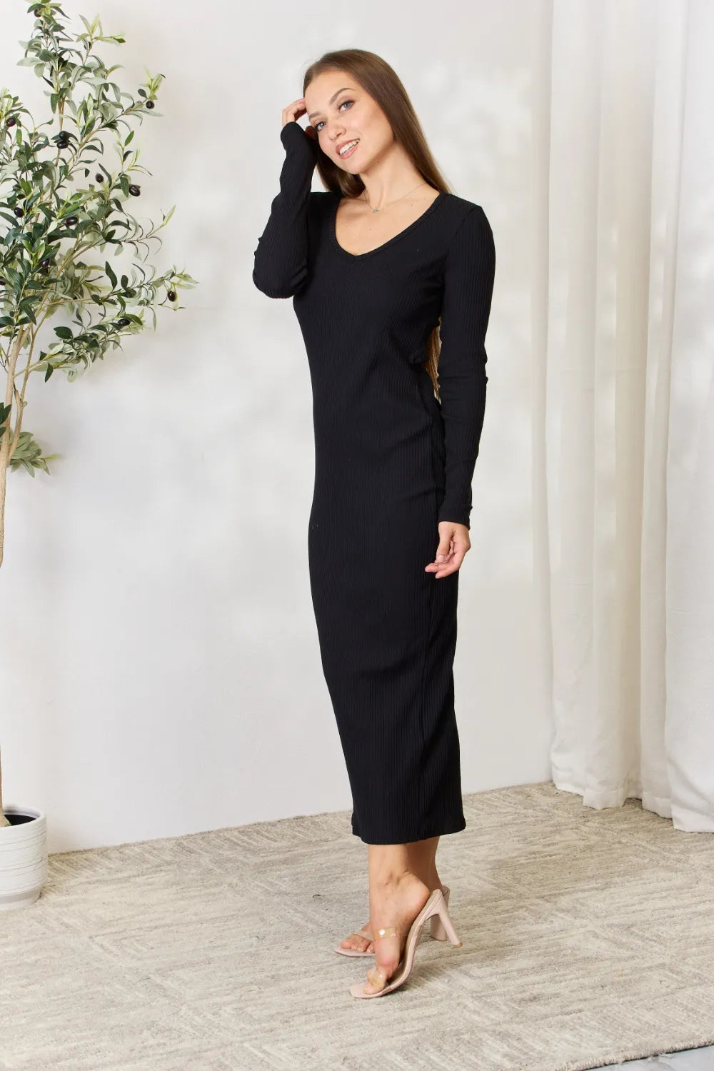 Culture Code Ribbed Slit Midi Dress â€“ Full Size