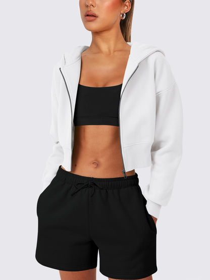 Zip-Up Long Sleeve Hooded Cropped Jacket