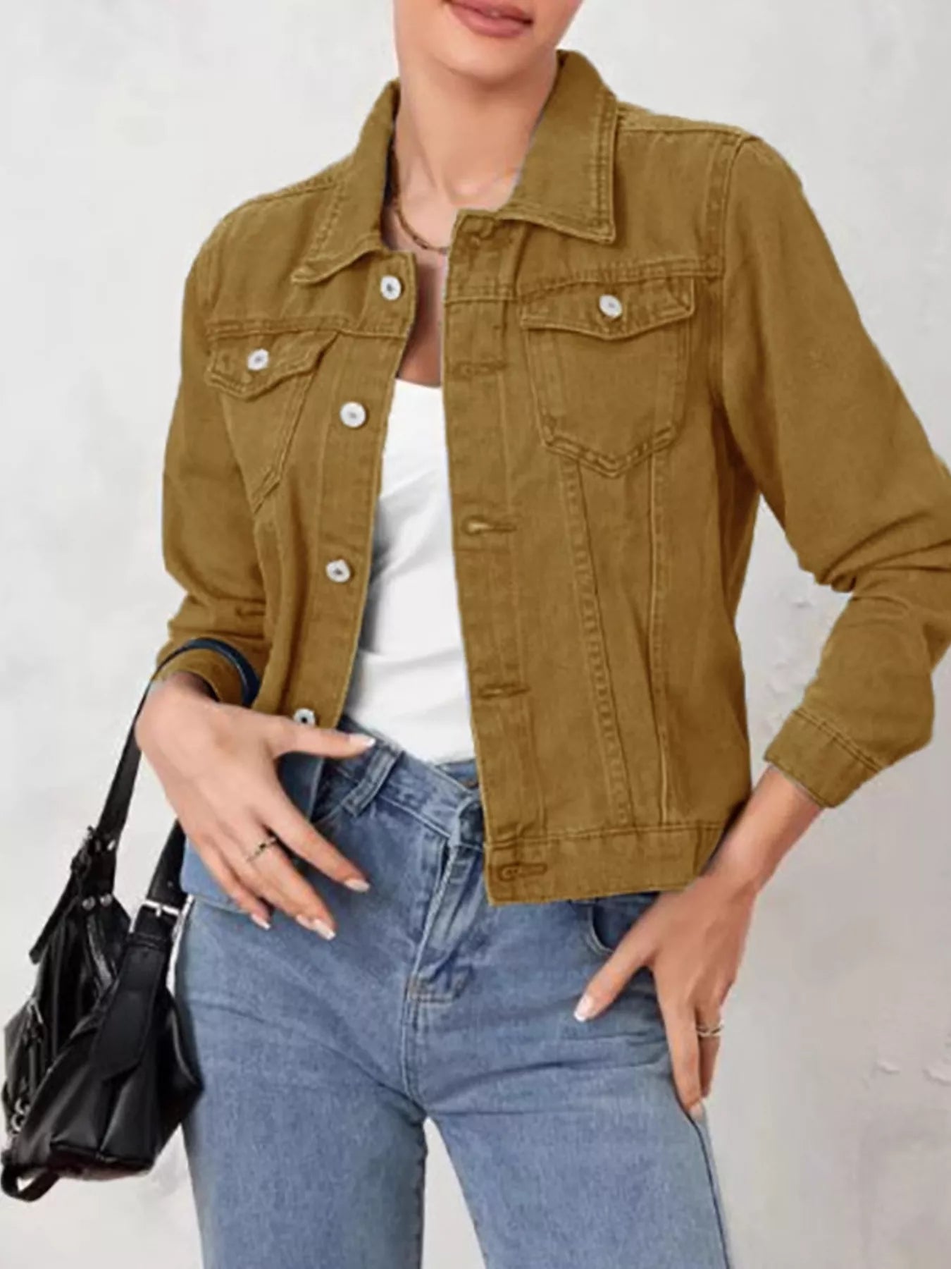 Button-Up Long Sleeve Denim Jacket with Pockets Camel