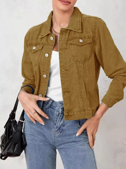 Button-Up Long Sleeve Denim Jacket with Pockets Camel