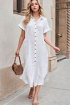 Button Down Short Sleeve Midi Shirt Dress - Elegant & Versatile White