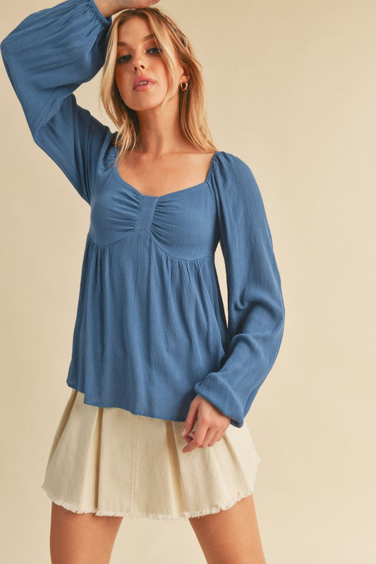 Aemi + Co Ruched Sweetheart Neck Balloon Sleeve Blouse