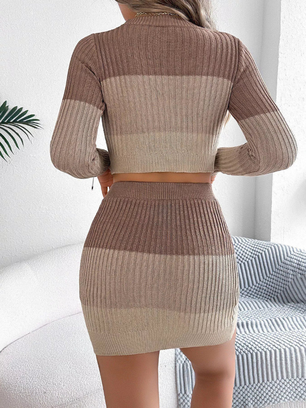 Color Block Ribbed Knit Sweater Top & Skirt Set