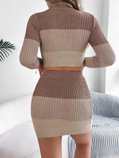 Color Block Ribbed Knit Sweater Top & Skirt Set